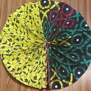 Colourful  African Ankara Print Folding Fan . Made With Leather Handles .